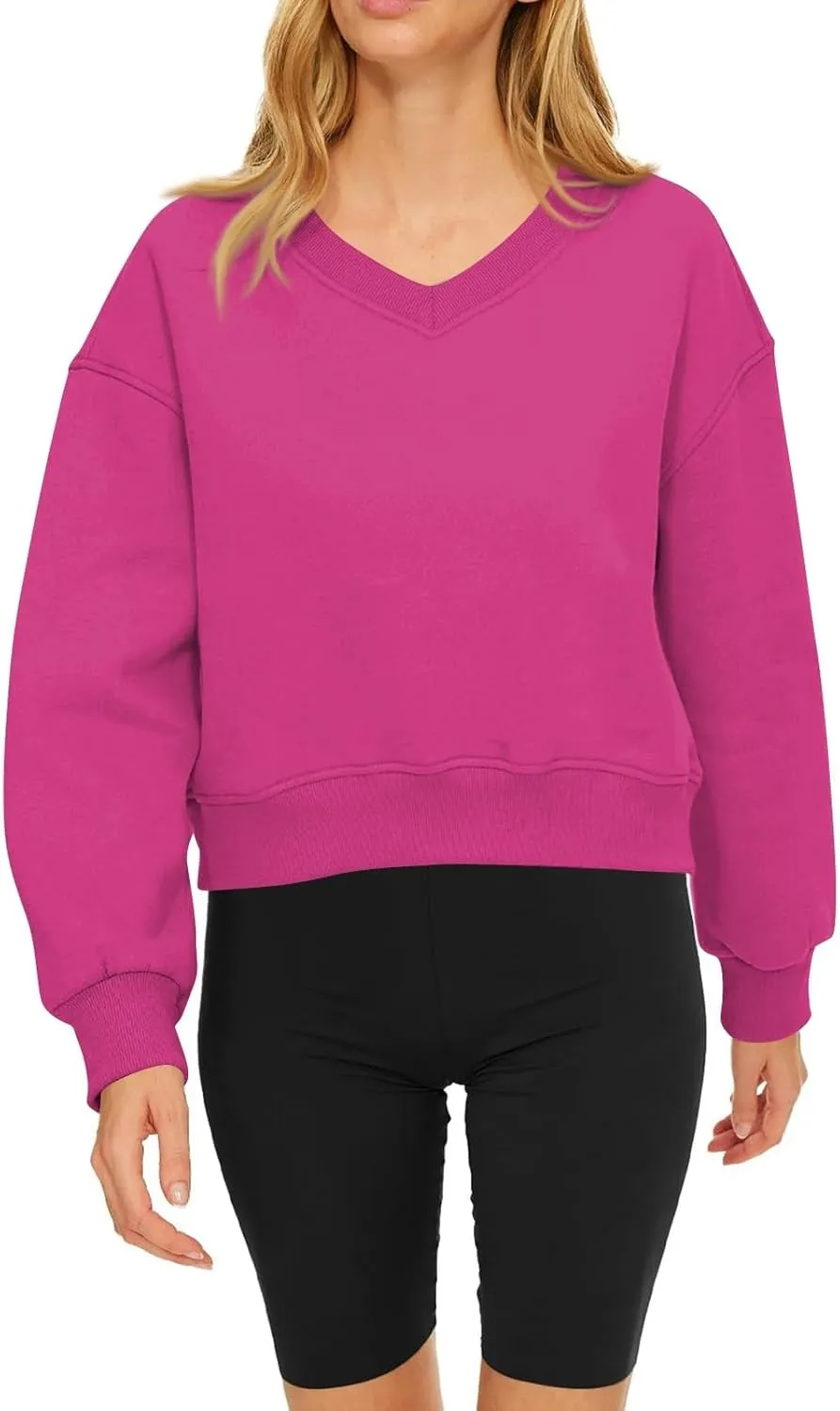Gumipy Oversized Sweatshirt for Women Trendy V Neck Cropped Sweatshirts Casual Long Sleeve Fleece Pullover Spring Outfits