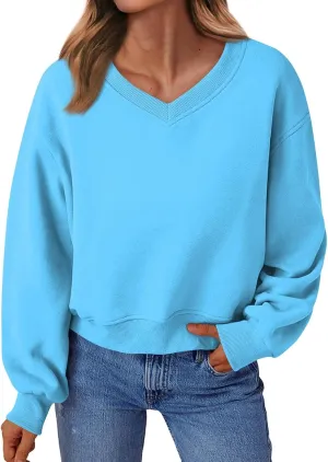 Gumipy Oversized Sweatshirt for Women Trendy V Neck Cropped Sweatshirts Casual Long Sleeve Fleece Pullover Spring Outfits
