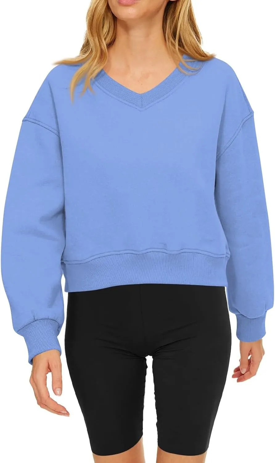 Gumipy Oversized Sweatshirt for Women Trendy V Neck Cropped Sweatshirts Casual Long Sleeve Fleece Pullover Spring Outfits