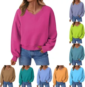 Gumipy Oversized Sweatshirt for Women Trendy V Neck Cropped Sweatshirts Casual Long Sleeve Fleece Pullover Spring Outfits