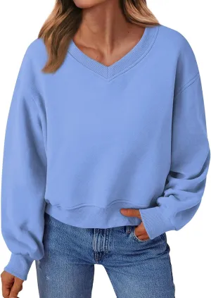 Gumipy Oversized Sweatshirt for Women Trendy V Neck Cropped Sweatshirts Casual Long Sleeve Fleece Pullover Spring Outfits