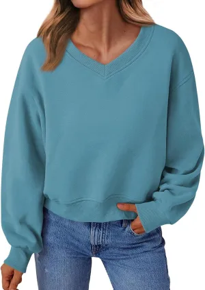 Gumipy Oversized Sweatshirt for Women Trendy V Neck Cropped Sweatshirts Casual Long Sleeve Fleece Pullover Spring Outfits