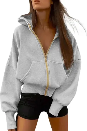 Gumipy Womens Zip Up Hoodies Jackets Tunic Long Sleeve Cropped Hoodie Casual Fleece Jacket Top Cozy Winter Coats with Pockets