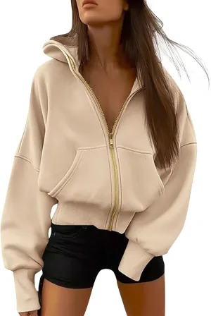 Gumipy Womens Zip Up Hoodies Jackets Tunic Long Sleeve Cropped Hoodie Casual Fleece Jacket Top Cozy Winter Coats with Pockets