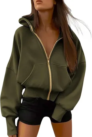 Gumipy Womens Zip Up Hoodies Jackets Tunic Long Sleeve Cropped Hoodie Casual Fleece Jacket Top Cozy Winter Coats with Pockets