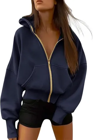 Gumipy Womens Zip Up Hoodies Jackets Tunic Long Sleeve Cropped Hoodie Casual Fleece Jacket Top Cozy Winter Coats with Pockets