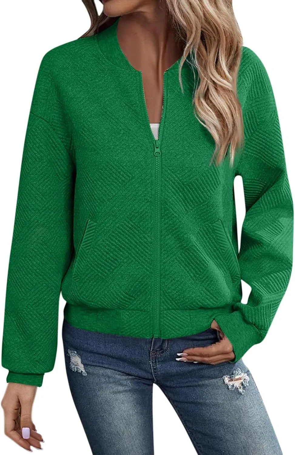 Gumipy Zip Up Jackets for Women Textured Knit Zip Up Sweatshirt Trendy Long Sleeve Crewneck Sweatshirts Hoodies with Pockets