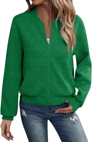 Gumipy Zip Up Jackets for Women Textured Knit Zip Up Sweatshirt Trendy Long Sleeve Crewneck Sweatshirts Hoodies with Pockets