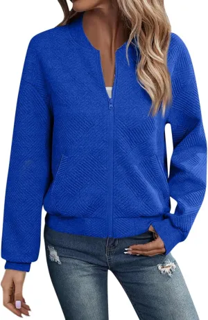 Gumipy Zip Up Jackets for Women Textured Knit Zip Up Sweatshirt Trendy Long Sleeve Crewneck Sweatshirts Hoodies with Pockets