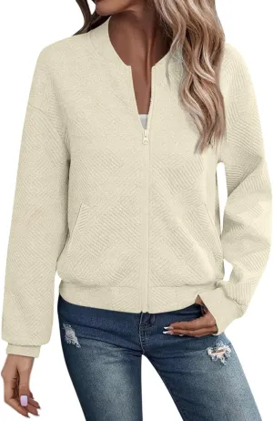 Gumipy Zip Up Jackets for Women Textured Knit Zip Up Sweatshirt Trendy Long Sleeve Crewneck Sweatshirts Hoodies with Pockets
