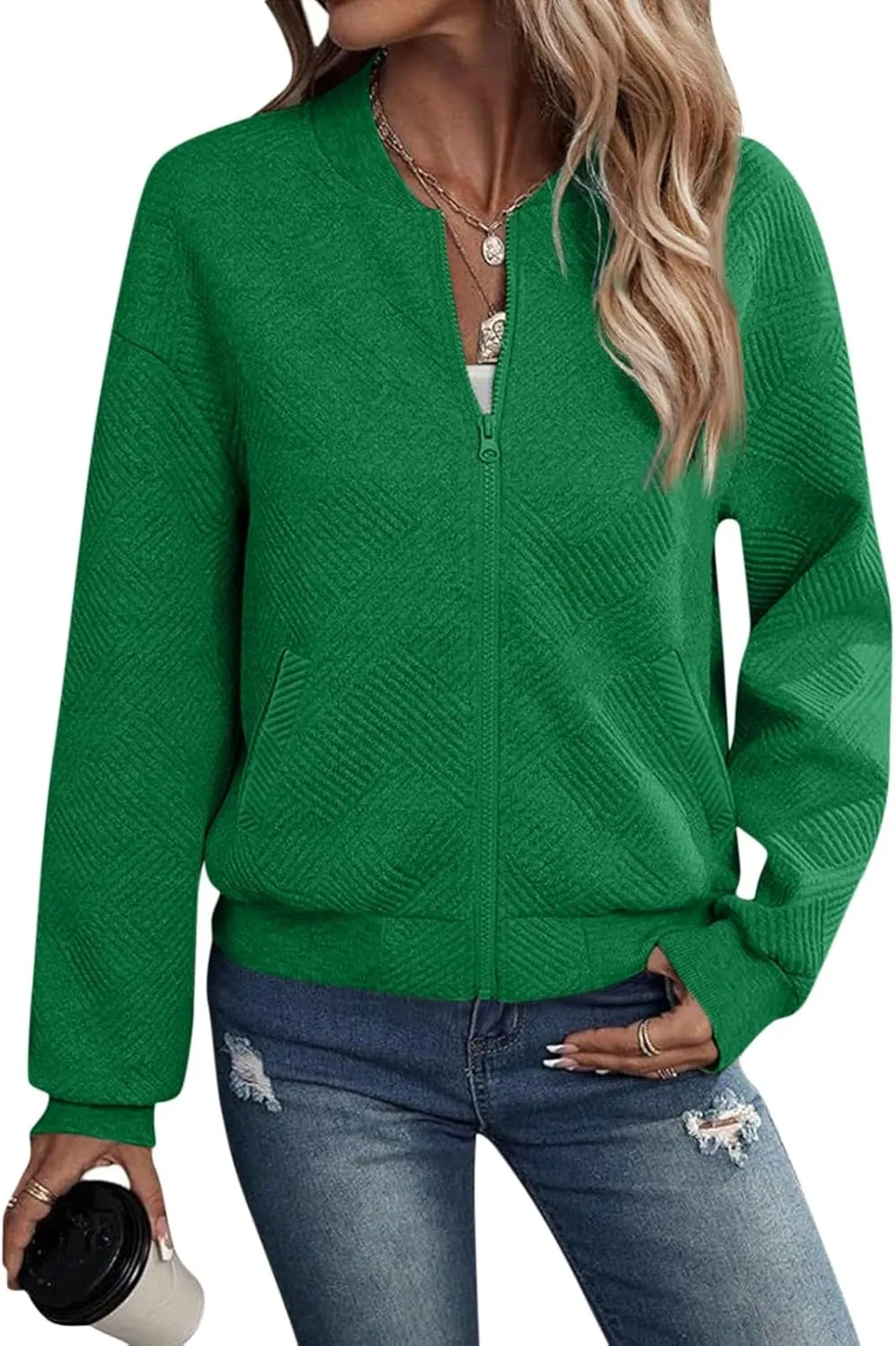 Gumipy Zip Up Jackets for Women Textured Knit Zip Up Sweatshirt Trendy Long Sleeve Crewneck Sweatshirts Hoodies with Pockets