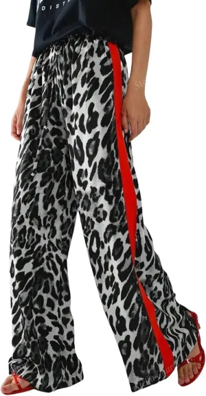 High Waisted Leopard Print Wide Leg Trousers for Women Cusual Comfortable with Elastic Waistband