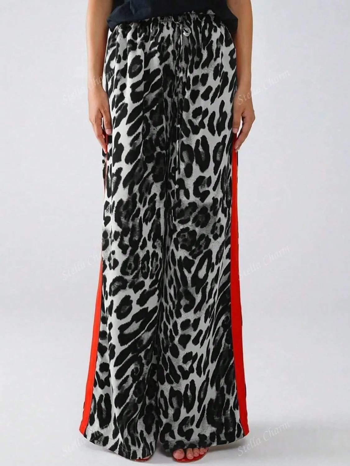 High Waisted Leopard Print Wide Leg Trousers for Women Cusual Comfortable with Elastic Waistband