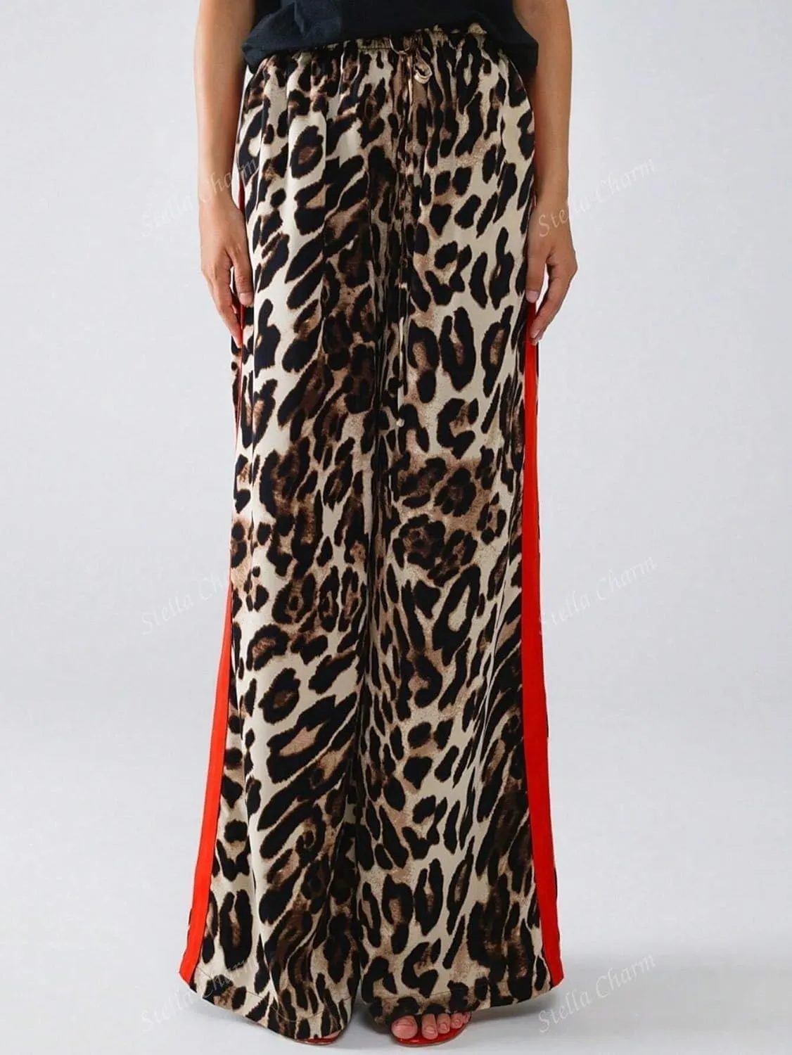 High Waisted Leopard Print Wide Leg Trousers for Women Cusual Comfortable with Elastic Waistband
