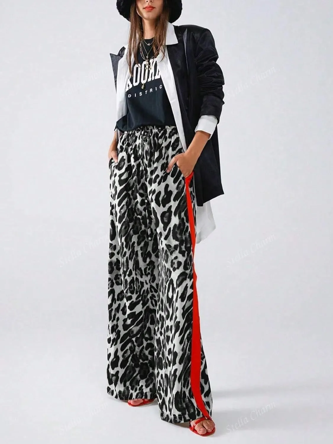 High Waisted Leopard Print Wide Leg Trousers for Women Cusual Comfortable with Elastic Waistband
