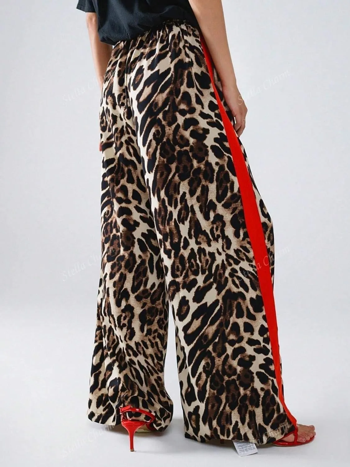 High Waisted Leopard Print Wide Leg Trousers for Women Cusual Comfortable with Elastic Waistband