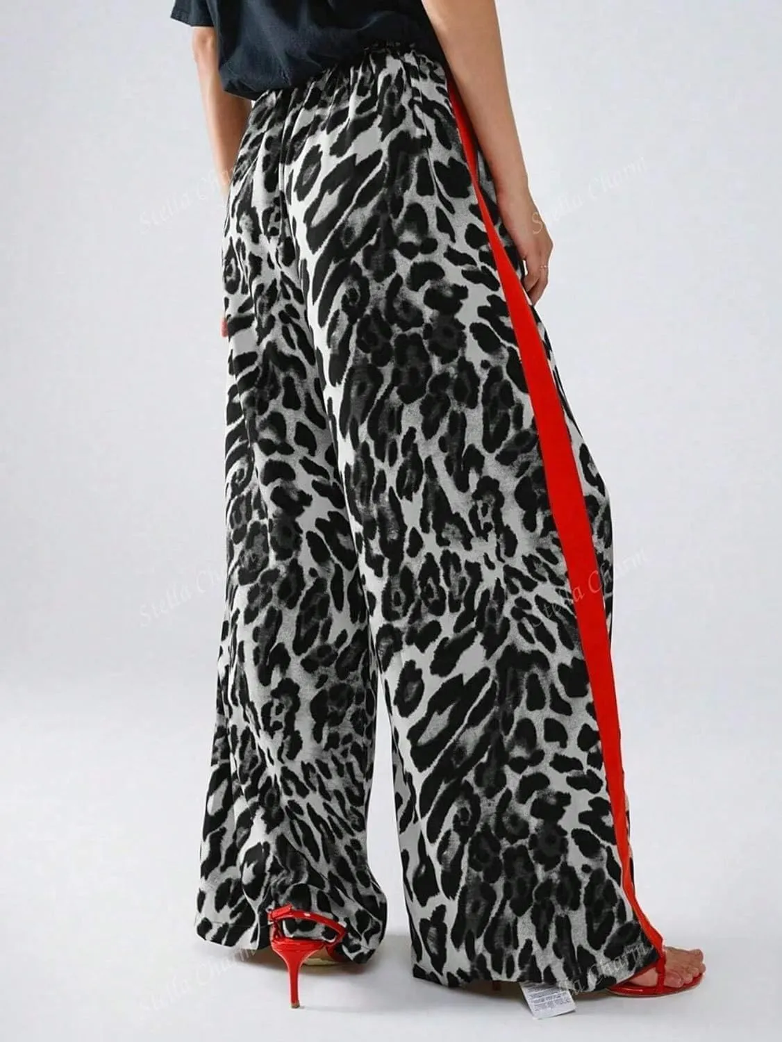 High Waisted Leopard Print Wide Leg Trousers for Women Cusual Comfortable with Elastic Waistband