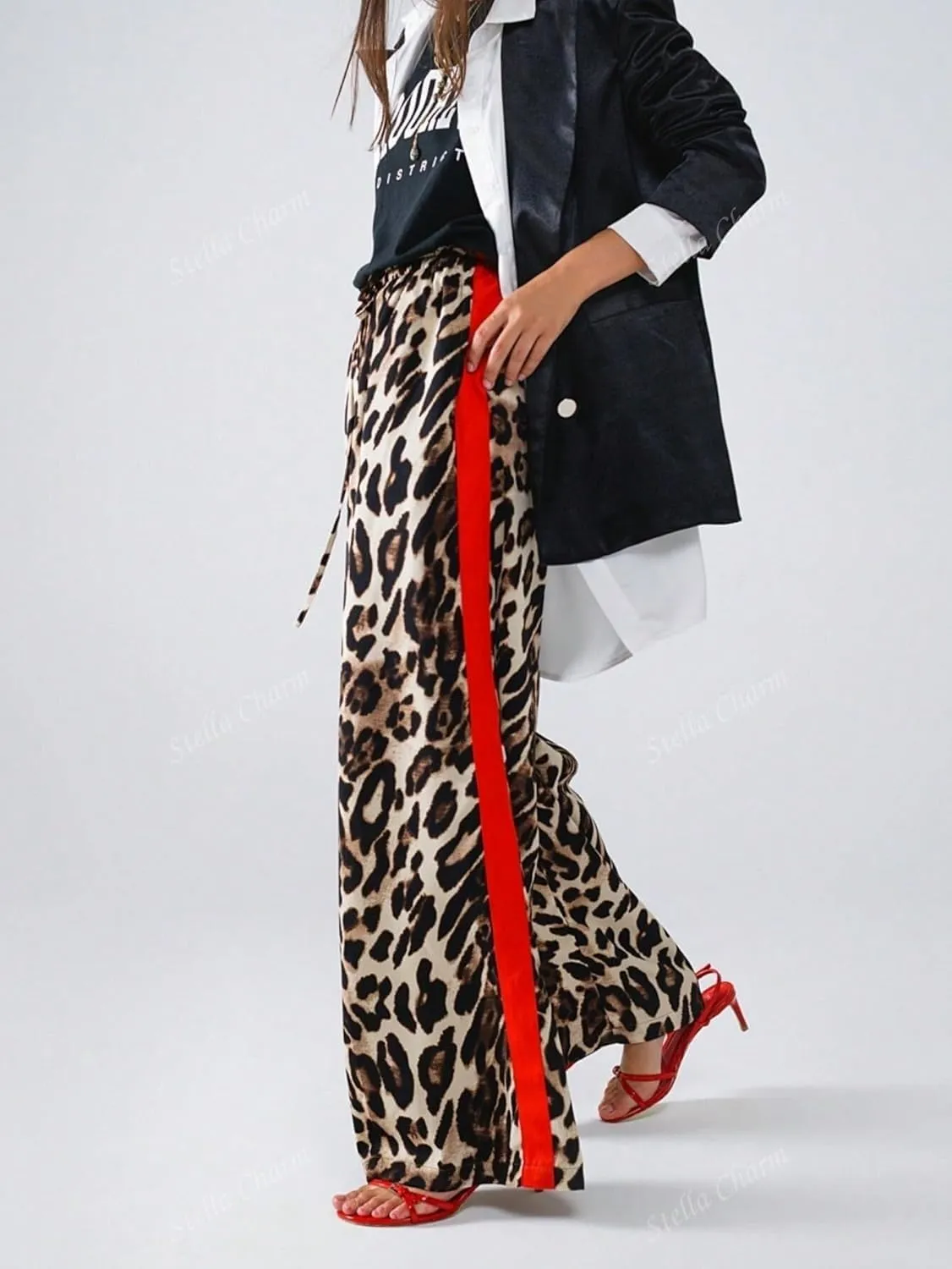 High Waisted Leopard Print Wide Leg Trousers for Women Cusual Comfortable with Elastic Waistband