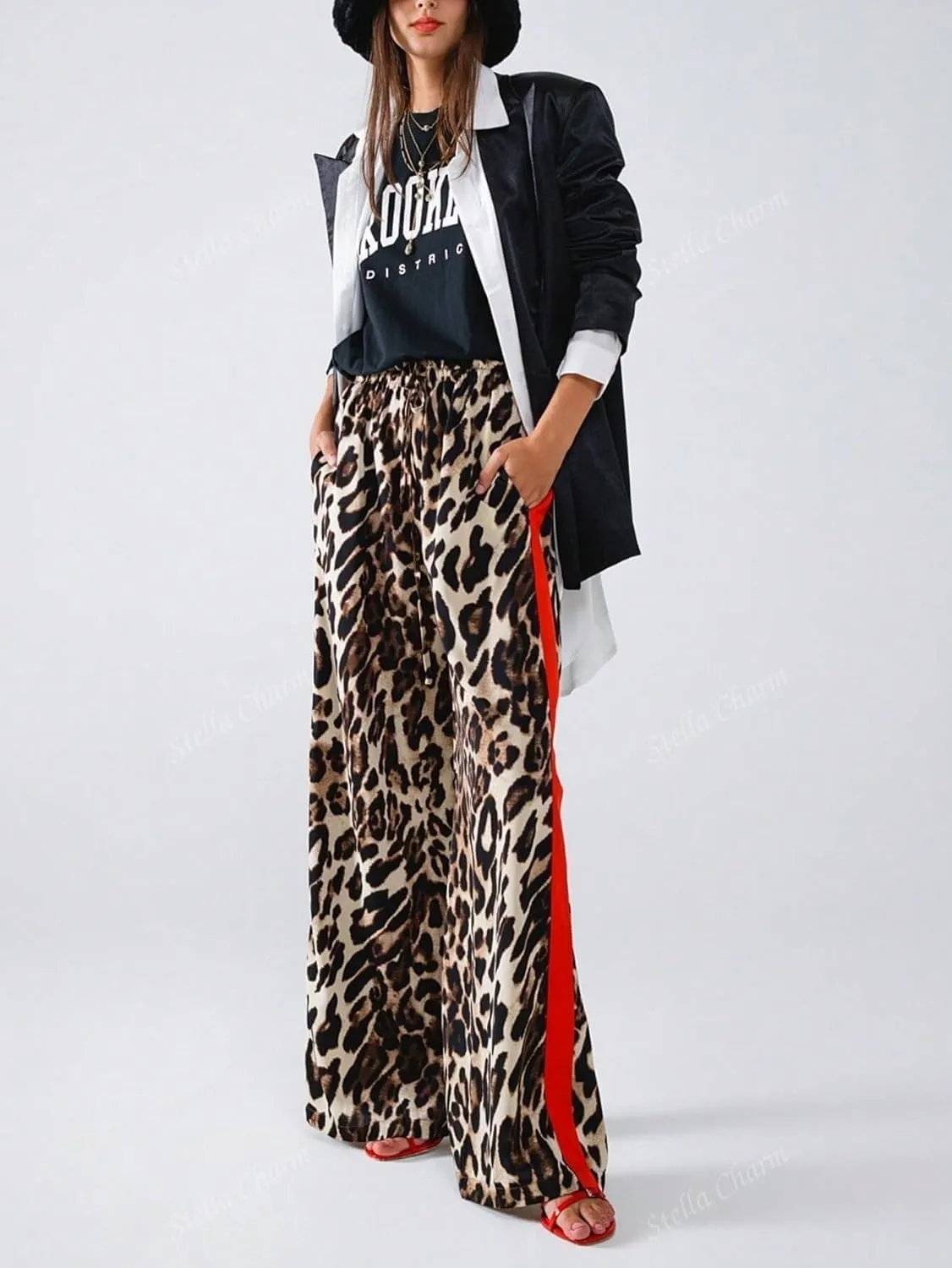 High Waisted Leopard Print Wide Leg Trousers for Women Cusual Comfortable with Elastic Waistband