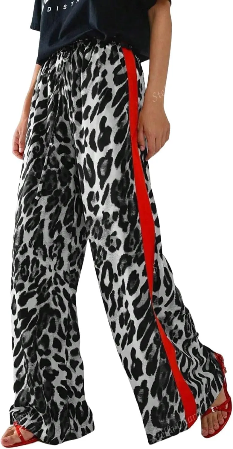 High Waisted Leopard Print Wide Leg Trousers for Women Cusual Comfortable with Elastic Waistband