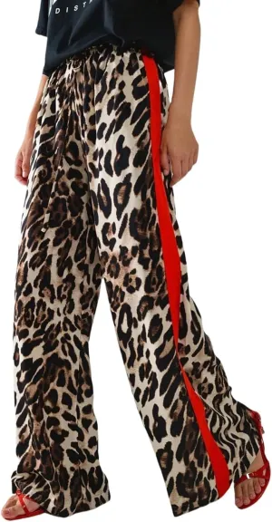 High Waisted Leopard Print Wide Leg Trousers for Women Cusual Comfortable with Elastic Waistband