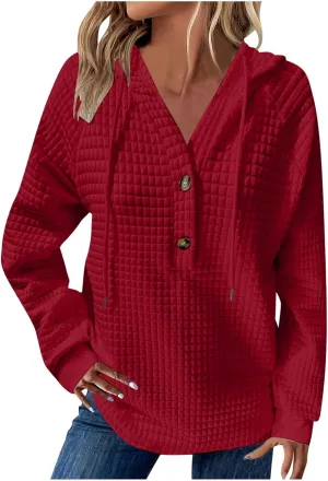 Hoodies For Women Plus Size Waffle Knit Long Sleeve Preppy Sweatshirt Drawstring Button v Neck Pullover Tunic Tops