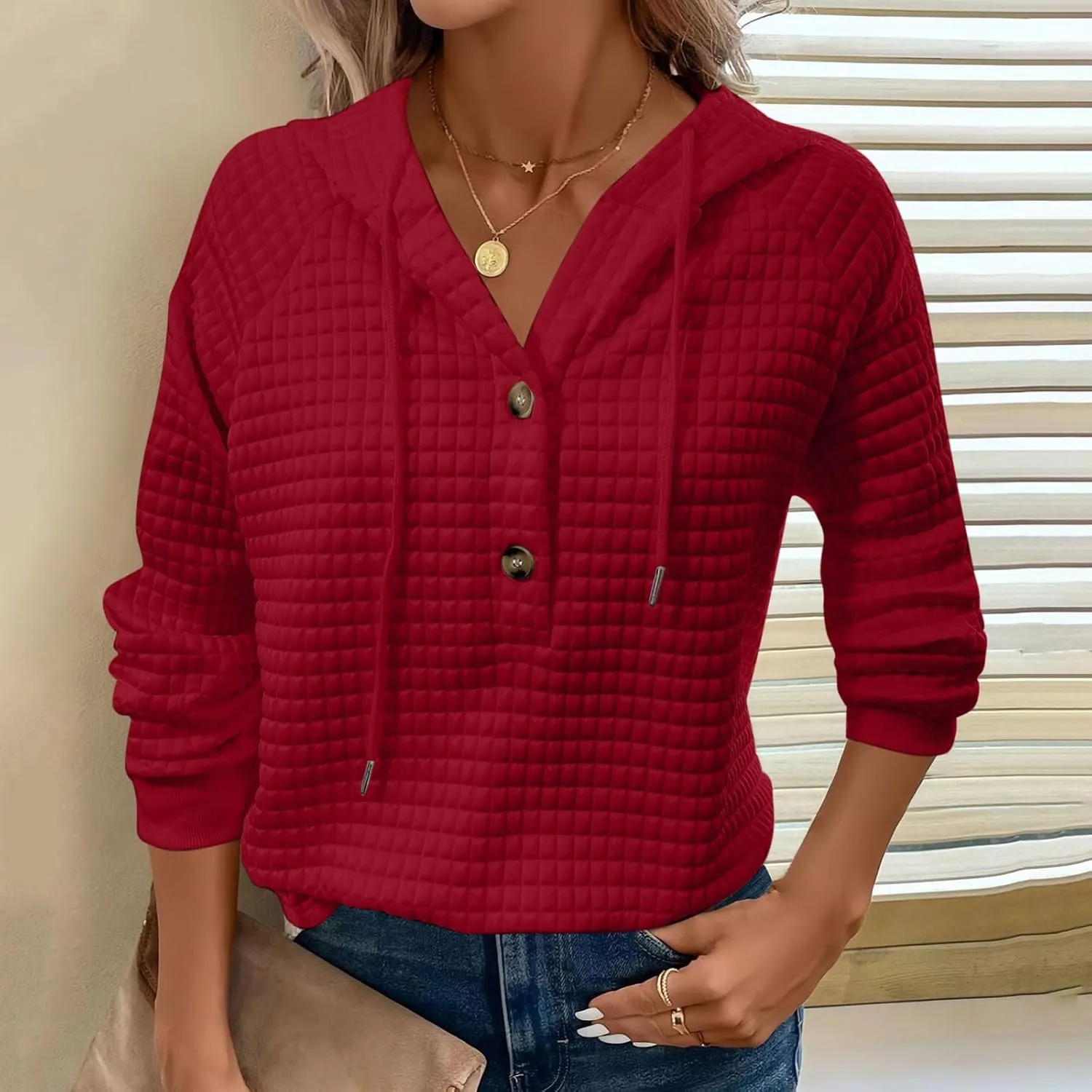 Hoodies For Women Plus Size Waffle Knit Long Sleeve Preppy Sweatshirt Drawstring Button v Neck Pullover Tunic Tops