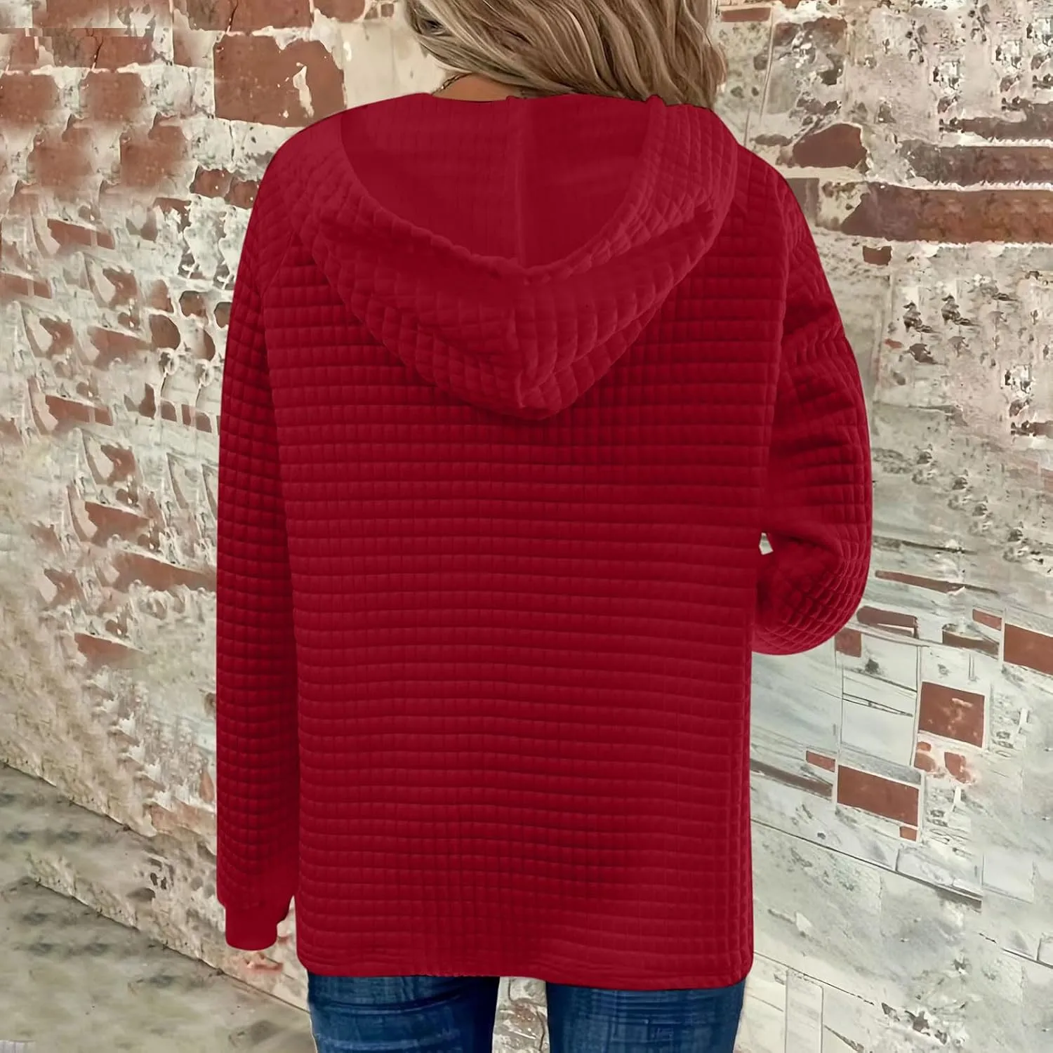 Hoodies For Women Plus Size Waffle Knit Long Sleeve Preppy Sweatshirt Drawstring Button v Neck Pullover Tunic Tops
