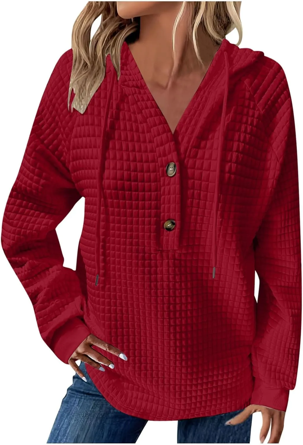 Hoodies For Women Plus Size Waffle Knit Long Sleeve Preppy Sweatshirt Drawstring Button v Neck Pullover Tunic Tops