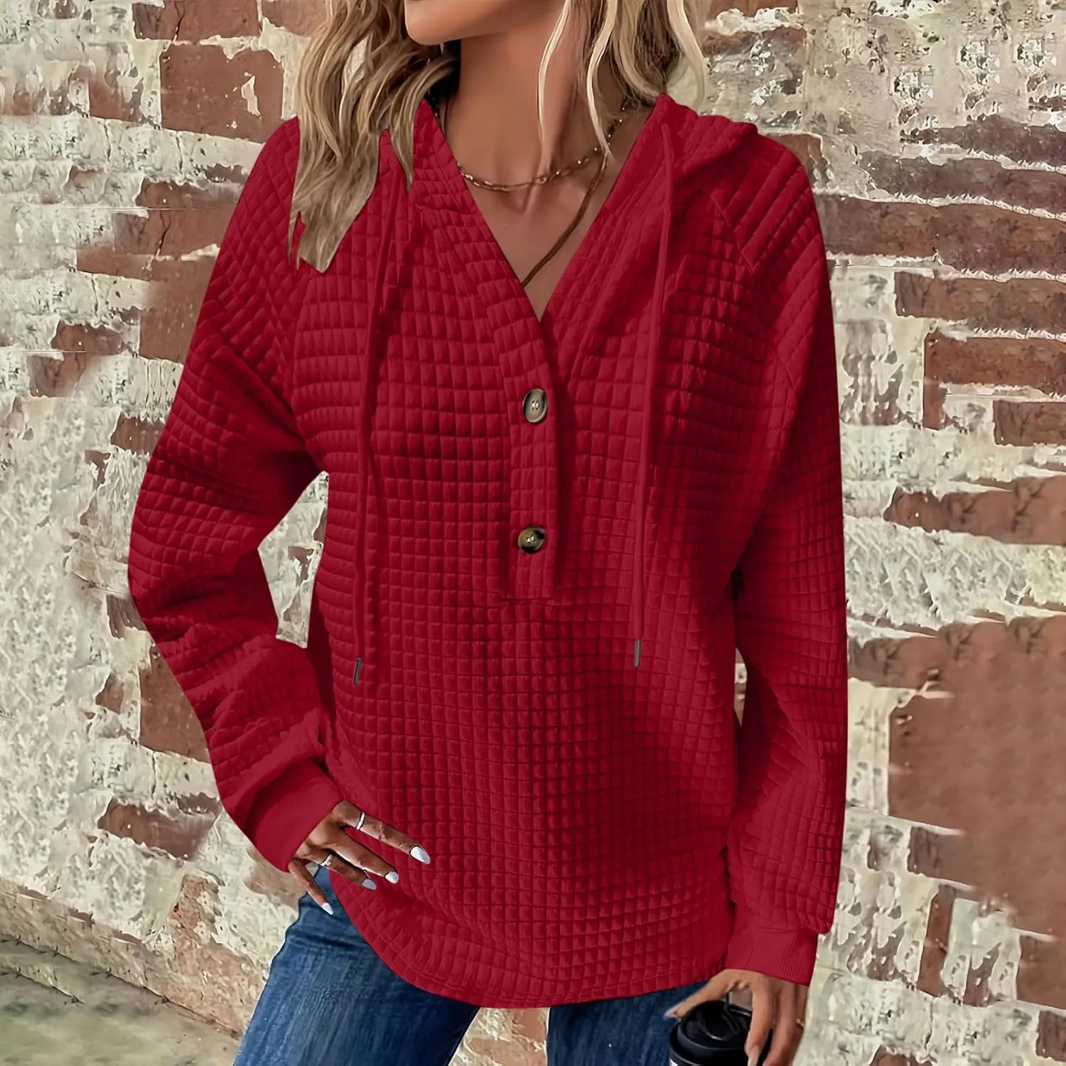 Hoodies For Women Plus Size Waffle Knit Long Sleeve Preppy Sweatshirt Drawstring Button v Neck Pullover Tunic Tops