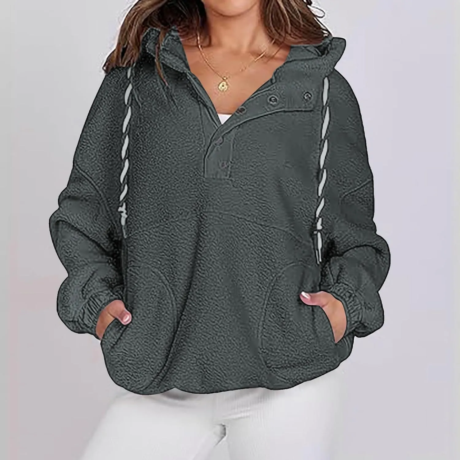 Hoodies For Women Spring Casual Half Button Drawstring Pullover Sweatshirt Long Sleeve Pocketed Shirts With Pockets