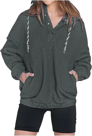 Hoodies For Women Spring Casual Half Button Drawstring Pullover Sweatshirt Long Sleeve Pocketed Shirts With Pockets