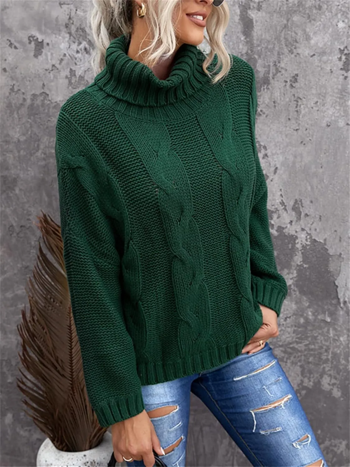 HOULENGS Women's Winter Long Sleeve Turtleneck Sweater Oversized Chunky Knitted Pullover Tops