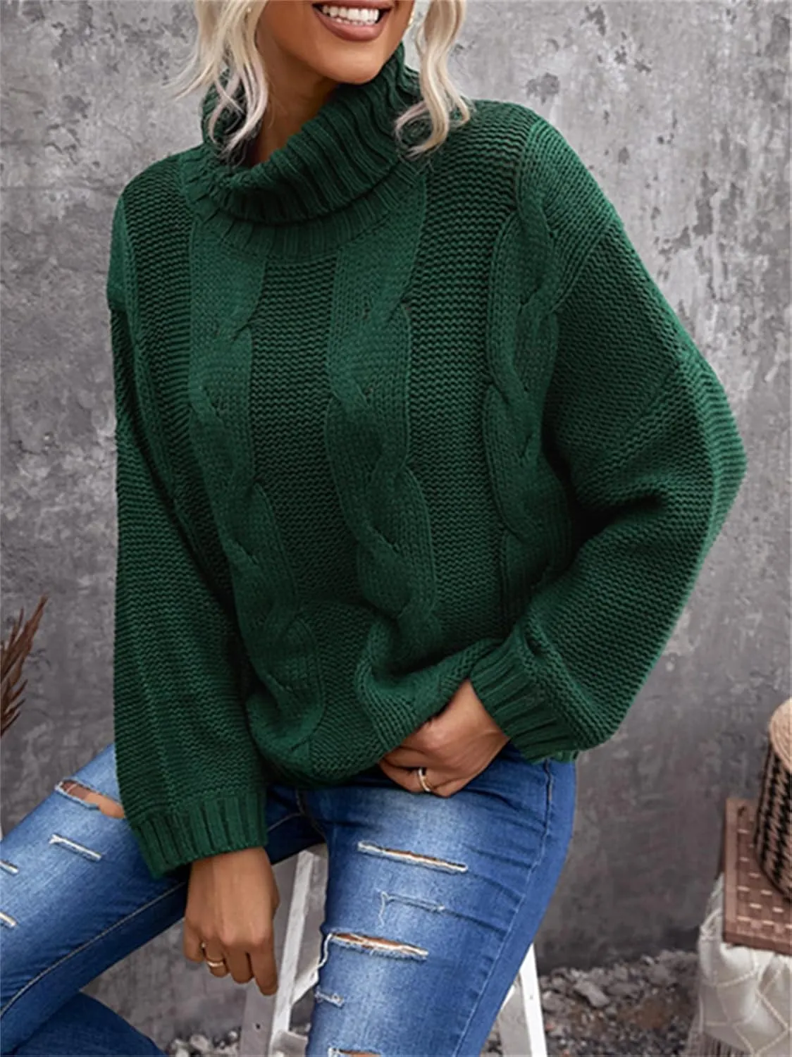 HOULENGS Women's Winter Long Sleeve Turtleneck Sweater Oversized Chunky Knitted Pullover Tops
