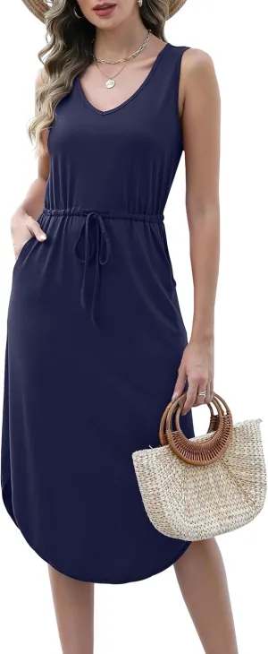 Hount Womens V Neck Sleeveless Casual T Shirt Dress Summer Midi Dress with Pockets