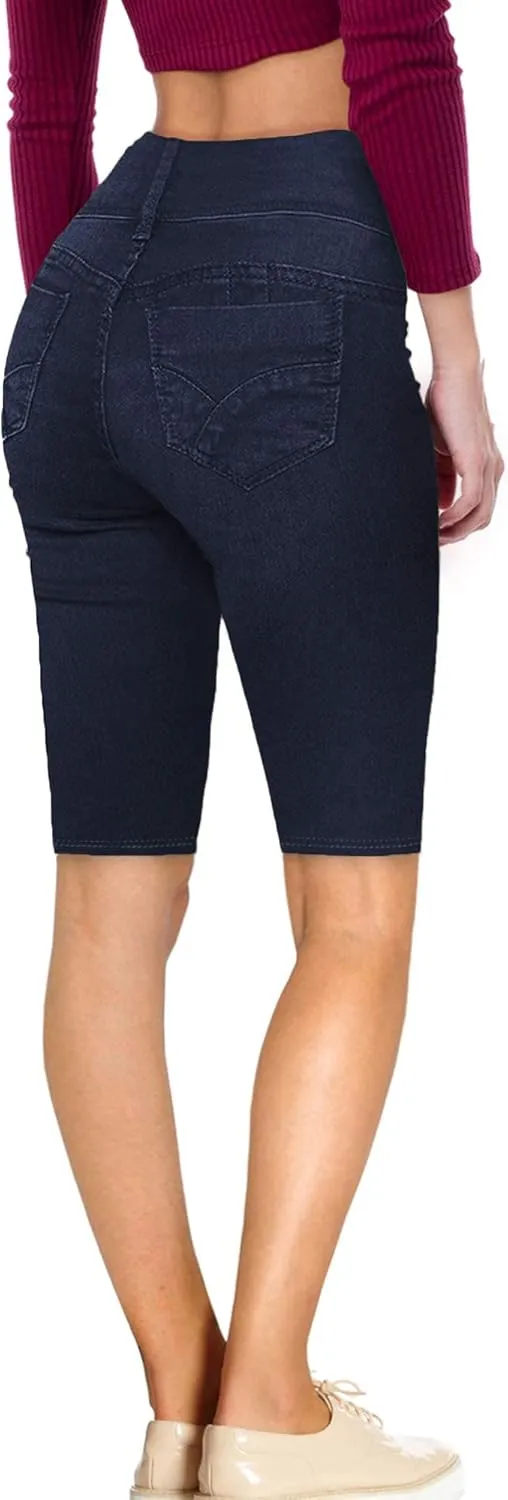 Hybrid & Company Women's Super Comfy Stretch Destructed Denim Bermuda Shorts Capri