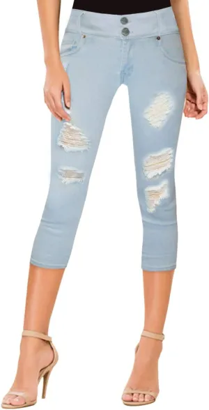 Hybrid & Company Women's Super Comfy Stretch Destructed Denim Bermuda Shorts Capri