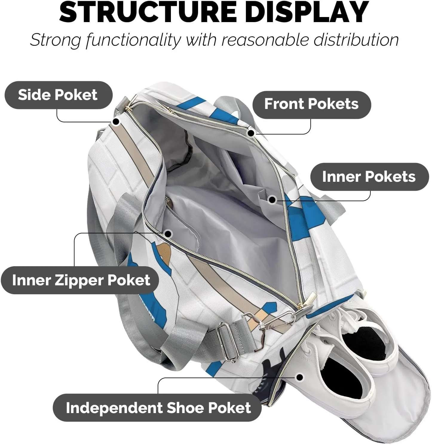 Ice Hockey Sport Fan Player Blue Waterproof Travel Duffel Bag for Men and Women with Shoe Compartment