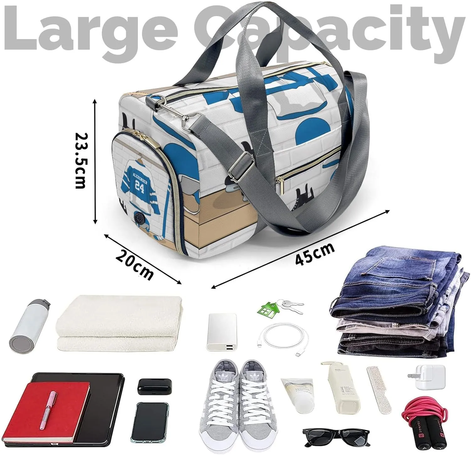 Ice Hockey Sport Fan Player Blue Waterproof Travel Duffel Bag for Men and Women with Shoe Compartment