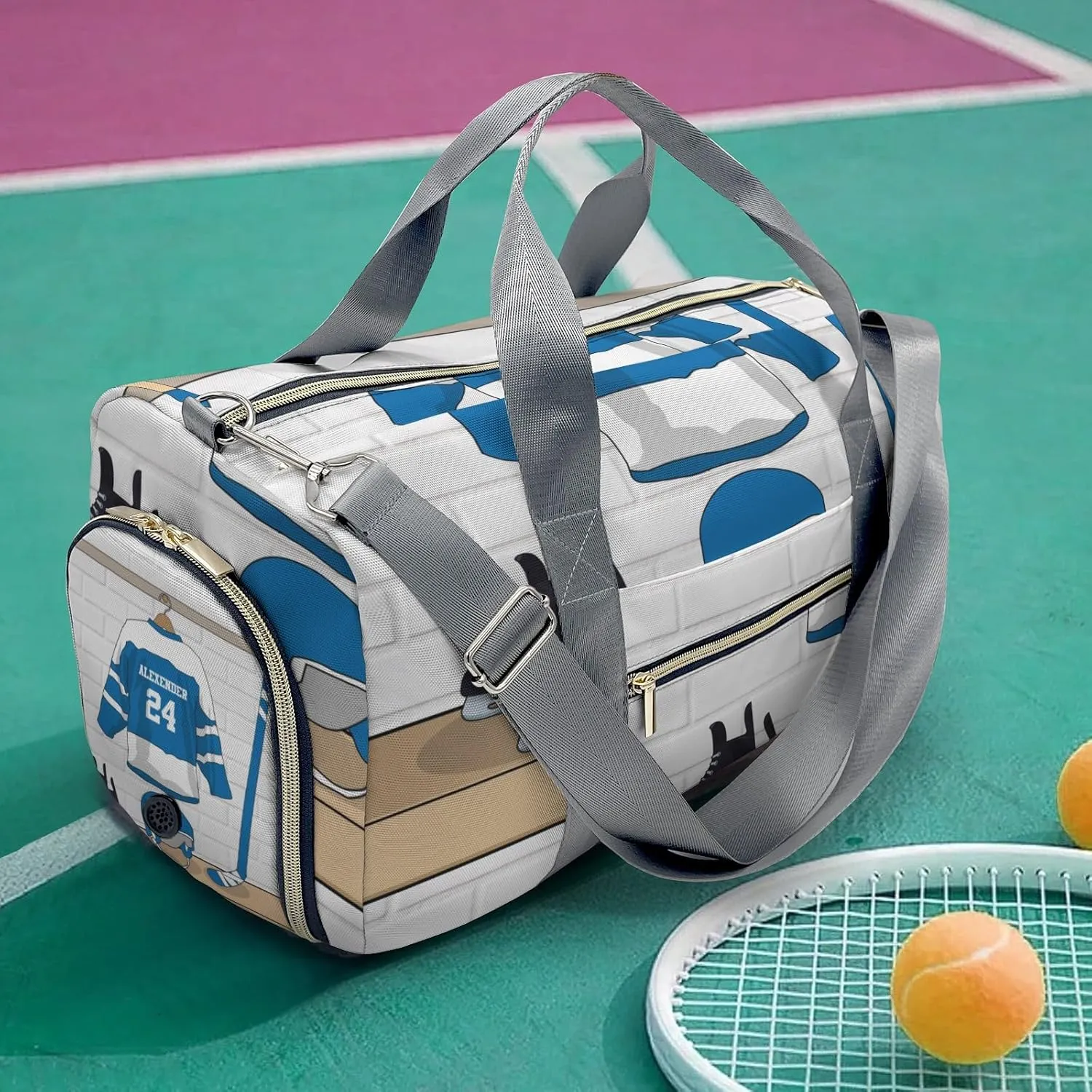 Ice Hockey Sport Fan Player Blue Waterproof Travel Duffel Bag for Men and Women with Shoe Compartment