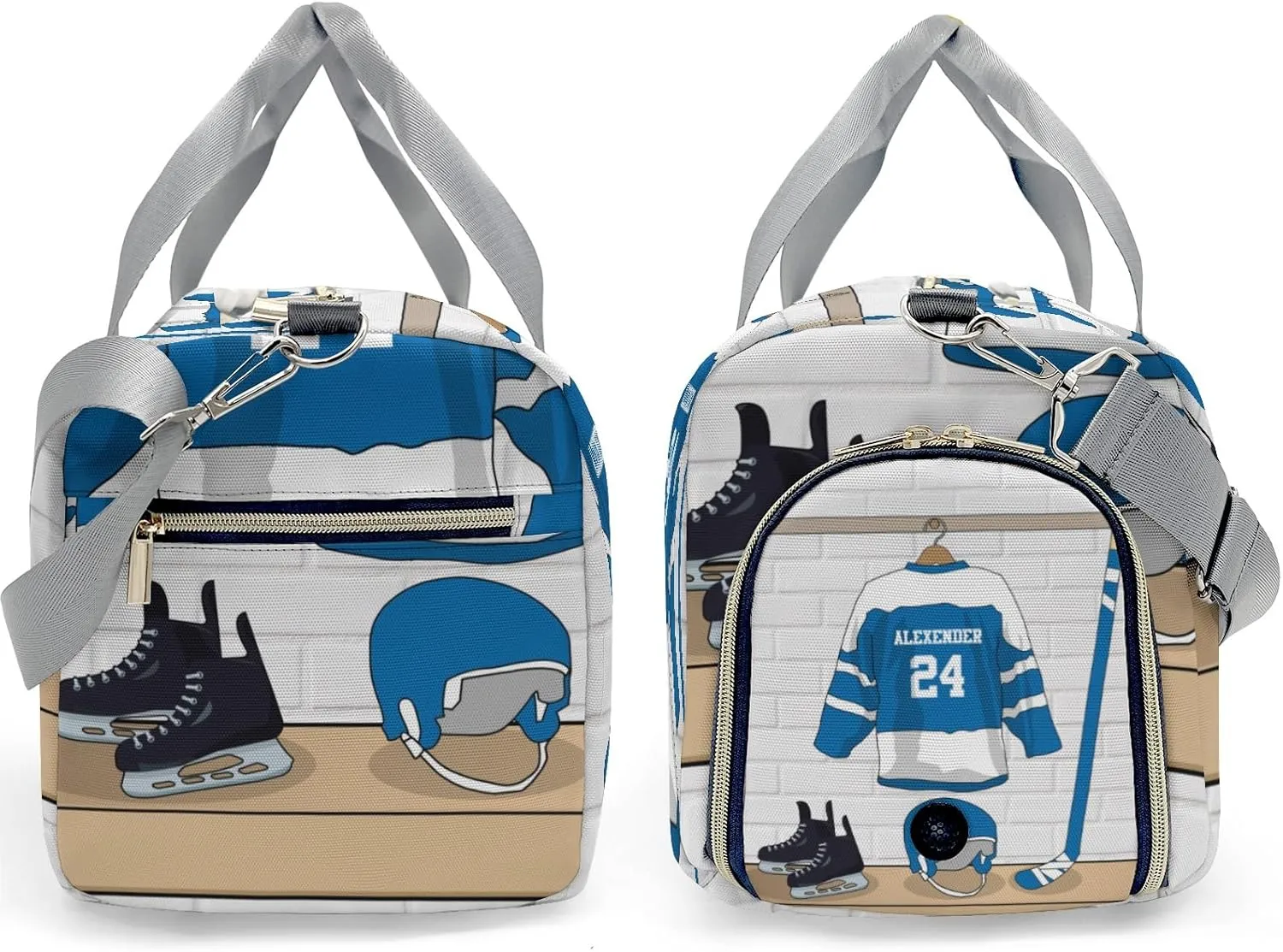 Ice Hockey Sport Fan Player Blue Waterproof Travel Duffel Bag for Men and Women with Shoe Compartment