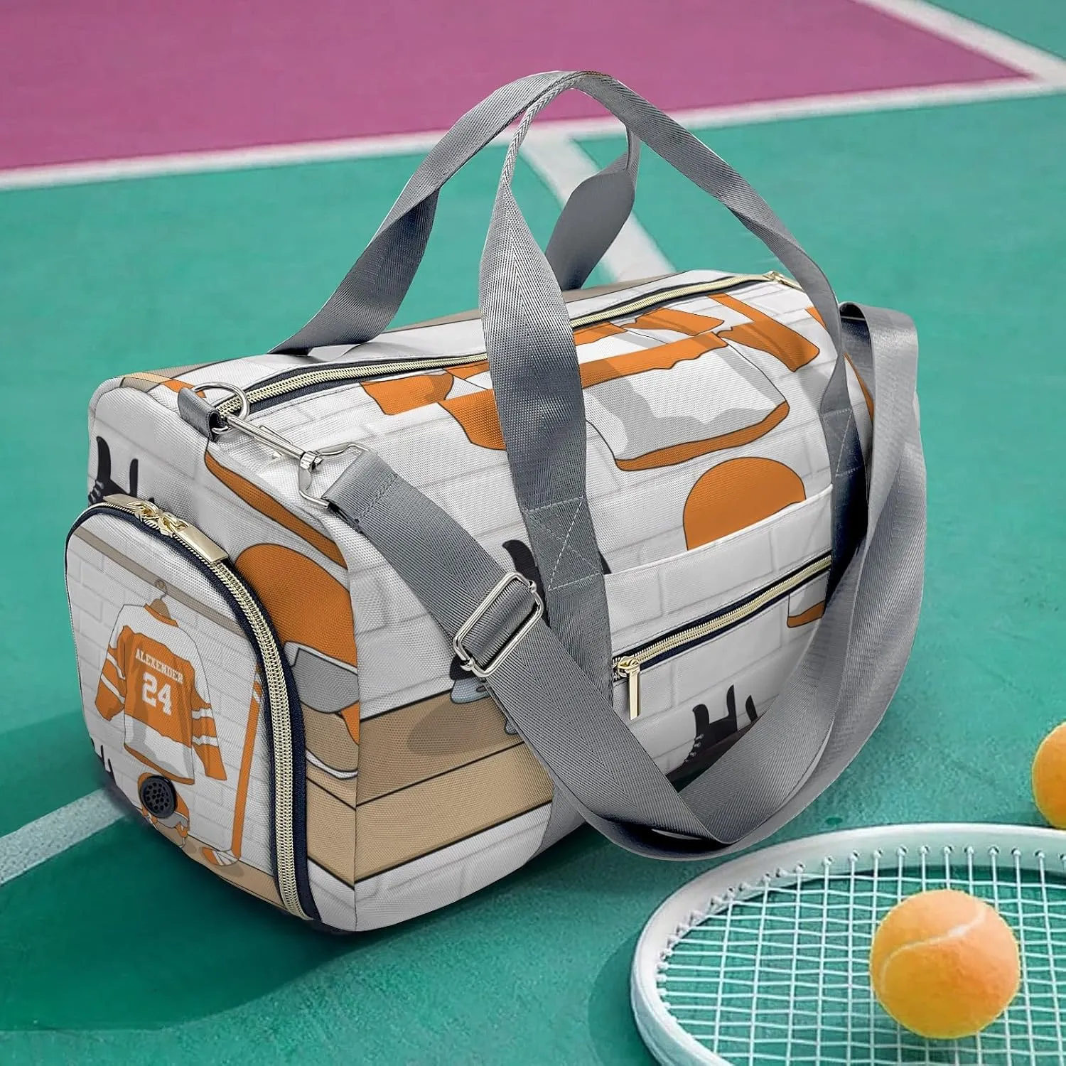 Ice Hockey Sport Fan Player Orange Waterproof Travel Duffel Bag for Men and Women with Shoe Compartment