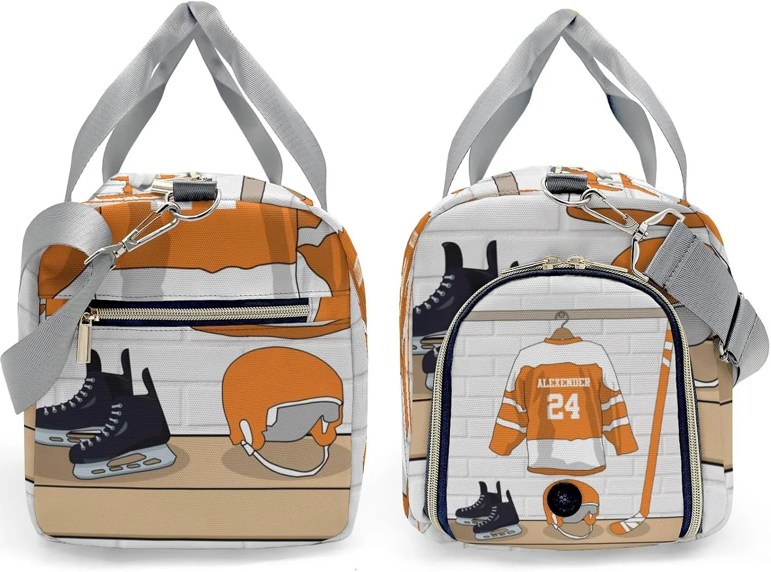 Ice Hockey Sport Fan Player Orange Waterproof Travel Duffel Bag for Men and Women with Shoe Compartment