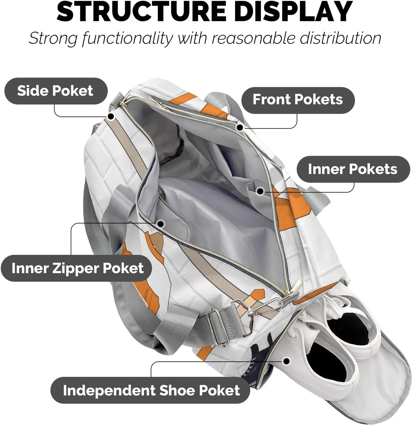 Ice Hockey Sport Fan Player Orange Waterproof Travel Duffel Bag for Men and Women with Shoe Compartment
