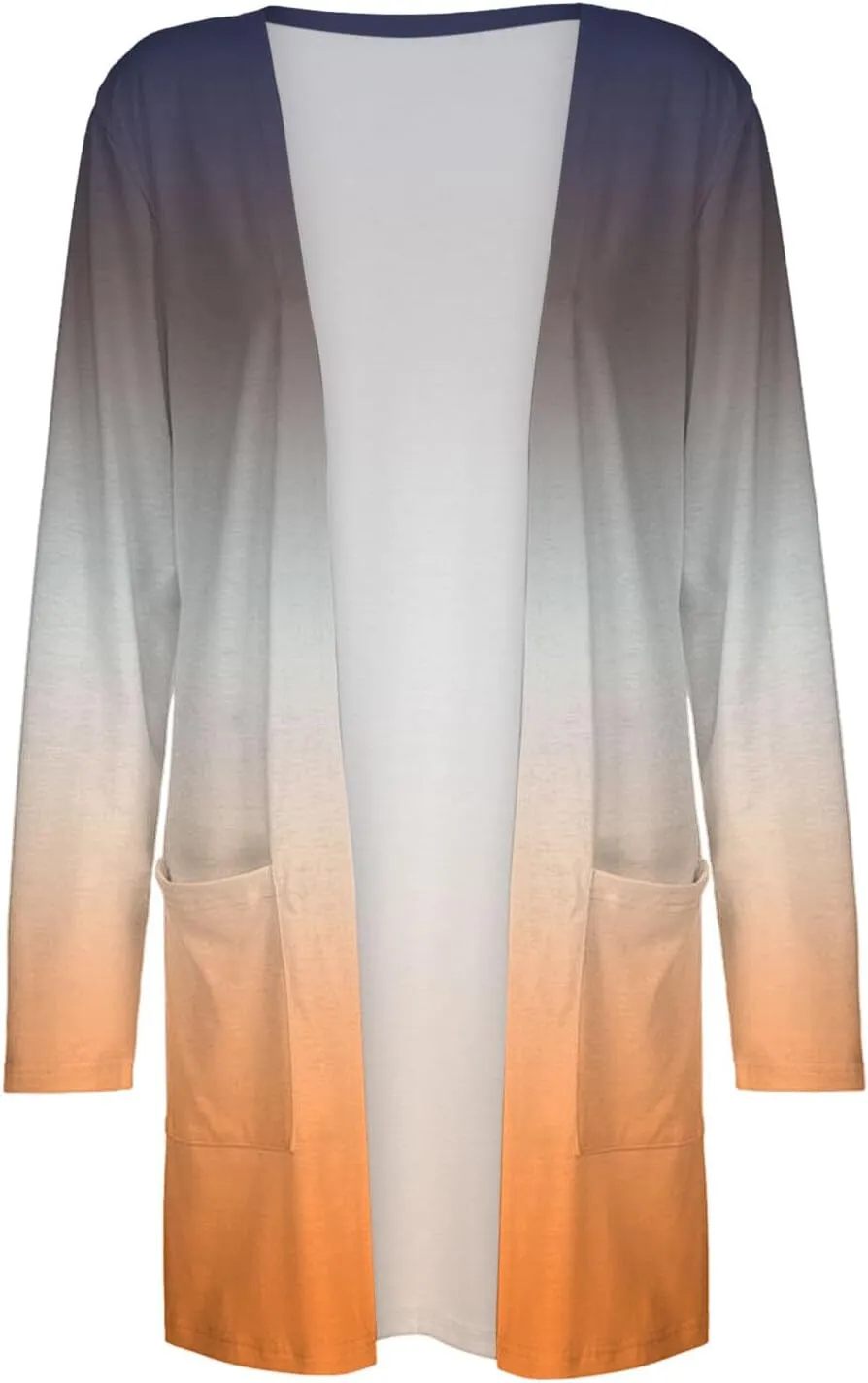 iLH Women Autumn Casual Cardigan Gradient Print Long Sleeve Top Cardigan with Pocket Open Neck Jacket Top for Women
