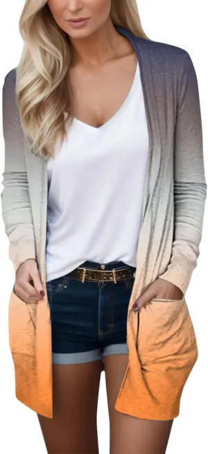iLH Women Autumn Casual Cardigan Gradient Print Long Sleeve Top Cardigan with Pocket Open Neck Jacket Top for Women
