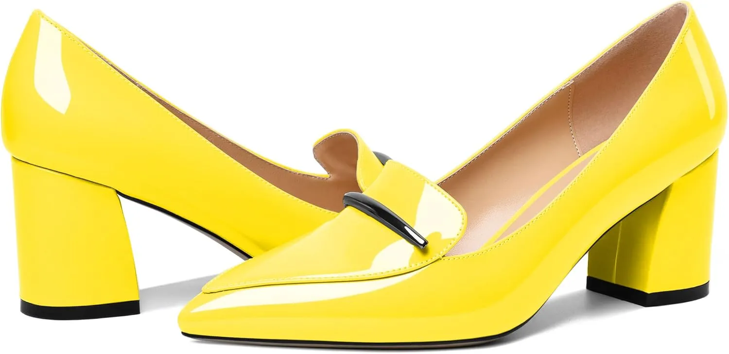 Joseywade Women's Block Heel Loafer Pumps with Trim Solid Patent Dress Shoes for Wedding Party Casual