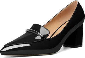 Joseywade Womens Block Heel Pumps Pointed Toe Loafers Chunky Heel Fashion Dress Wedding Shoes for Bride Party Casual Solid Patent Black US Size 10