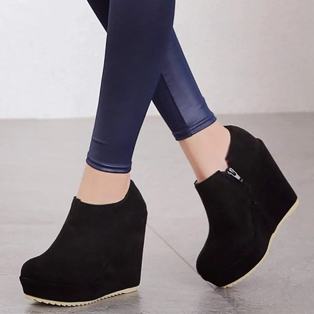 KOKOMOMO Womens Wedge Heel Ankle Boots Ladies Platform Zip Up Party Shoes