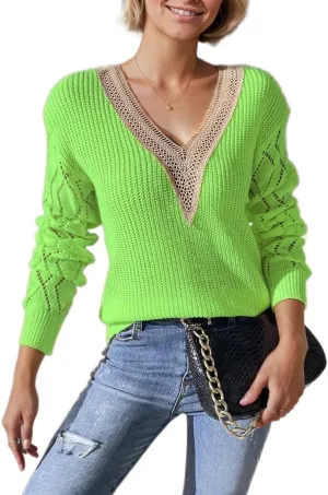 Lace V Neck Sweaters for Women Long Sleeve Cable Knit Pullover Sweater Lightweight Crochet Boho Fall Dressy Sweaters